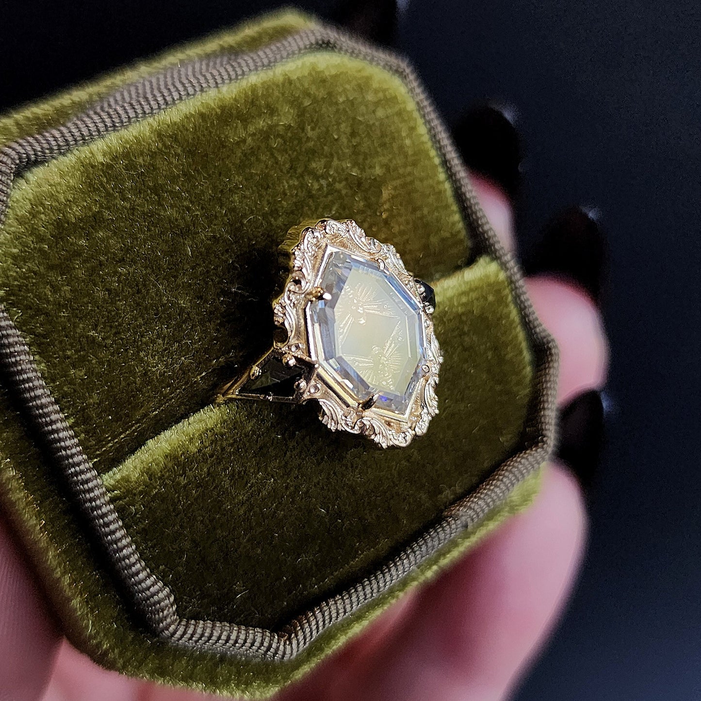 Hawk Moth Rings Double Death Head Hawk Moth Shadow Box ring with 14k Gold Scrolls and ...
