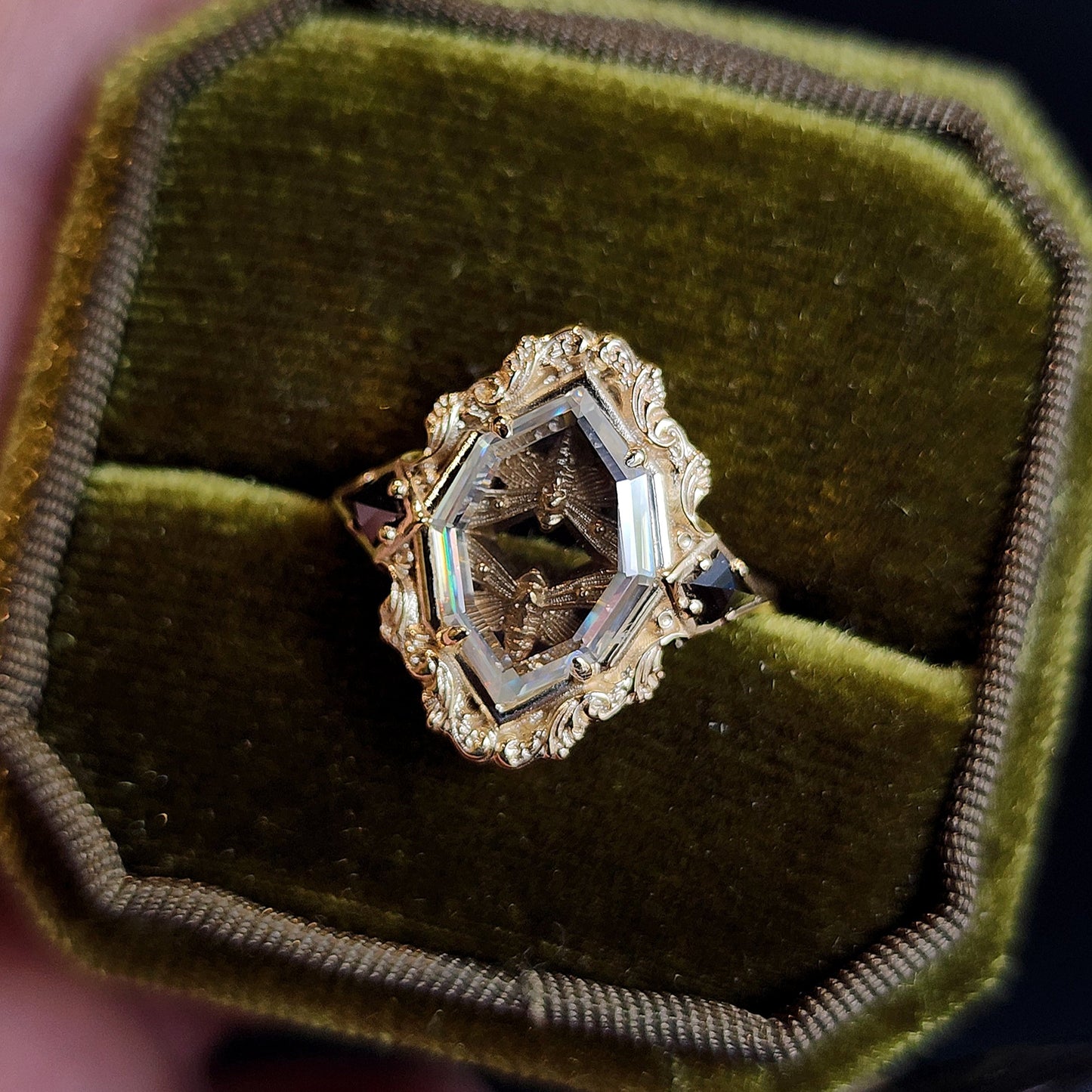 Double Death Head Hawk Moth Shadow Box ring with 14k Gold Scrolls and ...