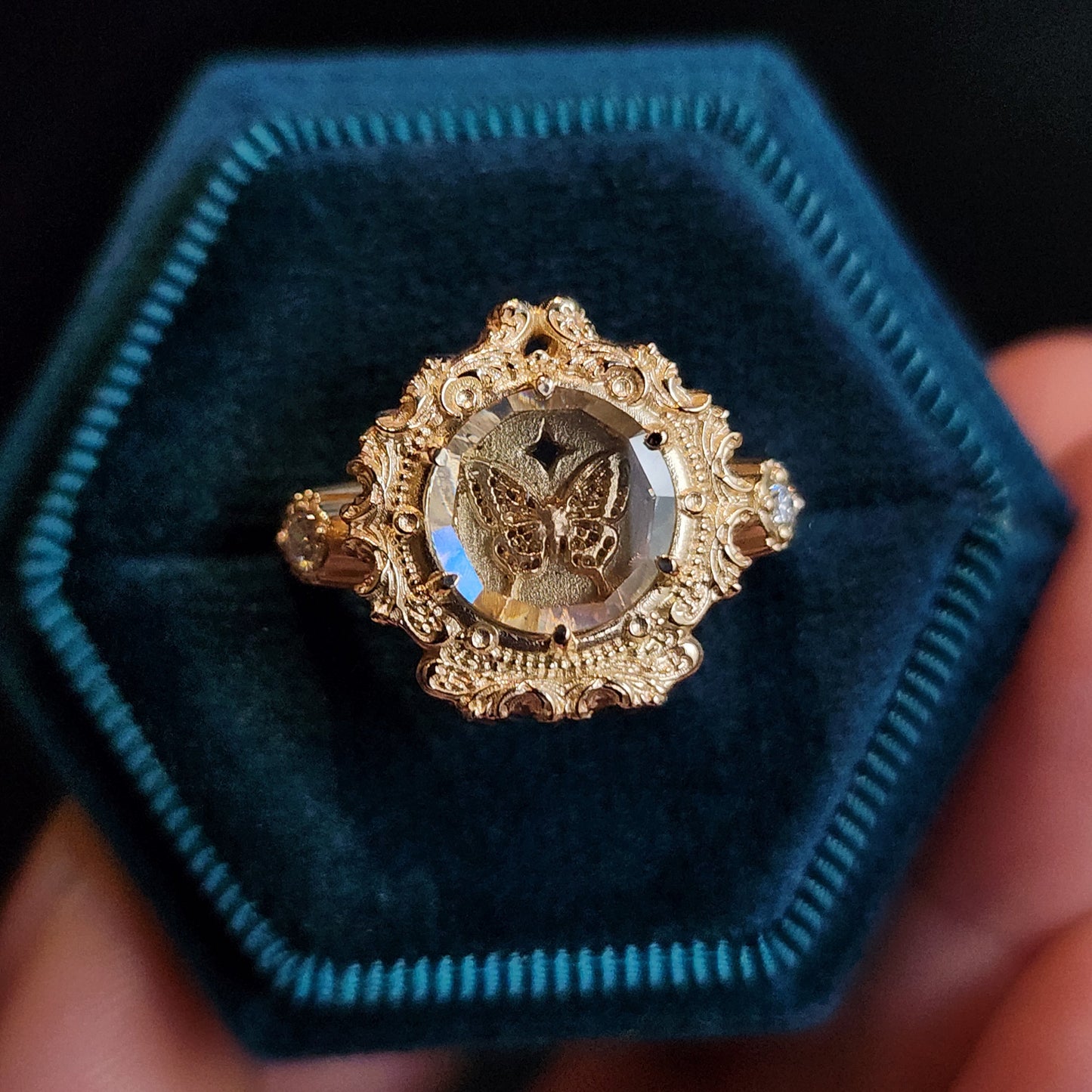Butterfly Shadowbox Ring with Portrait Cut Moissanite and Diamonds Bar ...