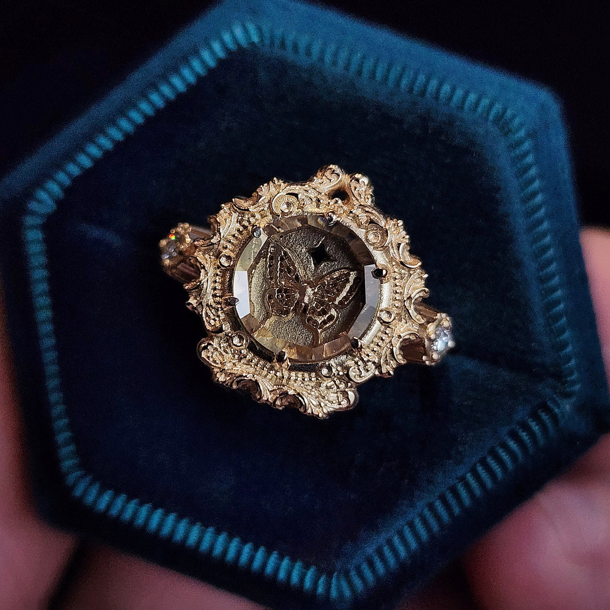 Butterfly Shadowbox Ring with Portrait Cut Moissanite and Diamonds Bar ...