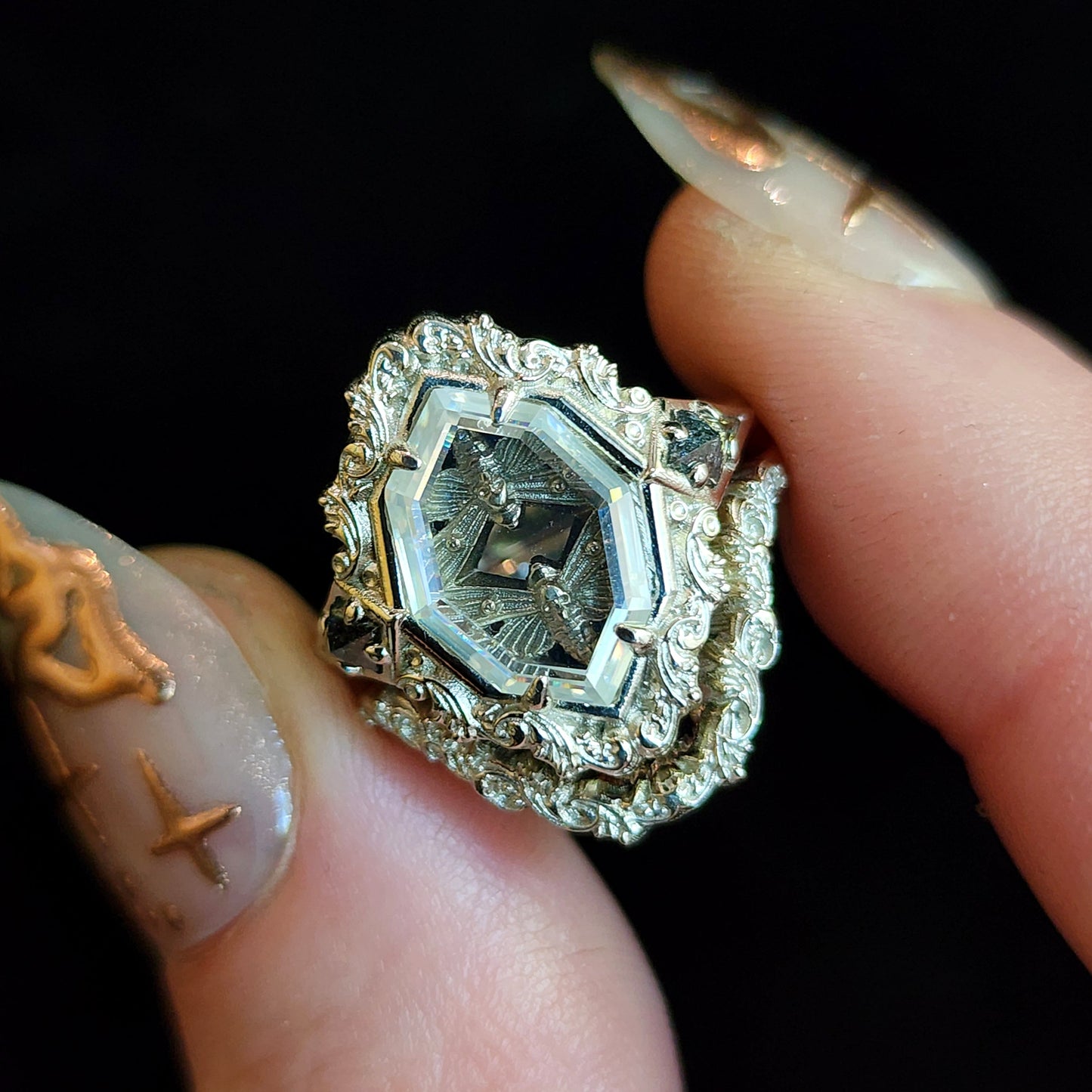 Hawk Moth Rings Death Head Hawk Moth Shadowbox Ring Set with Salt and Pepper Diamonds ...