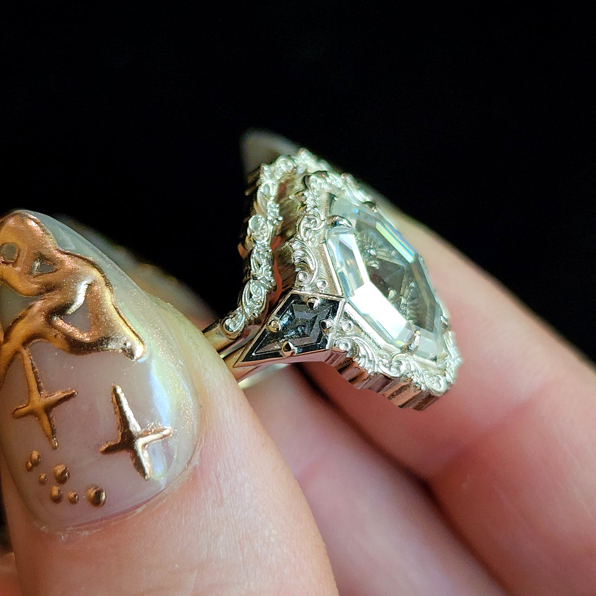 Death Head Hawk Moth Shadow Box Ring Set with Salt and Pepper Diamonds ...