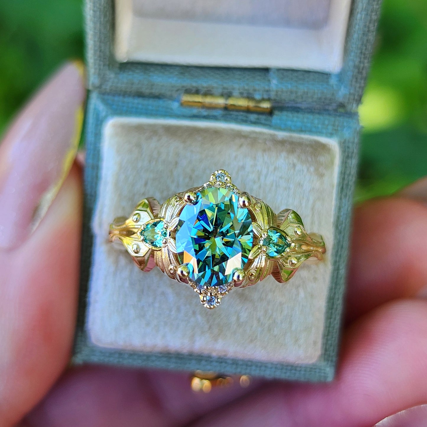 Green Luna Moth Engagement Ring with Teal Moissanite & Chatham Chrysoberyl image 3