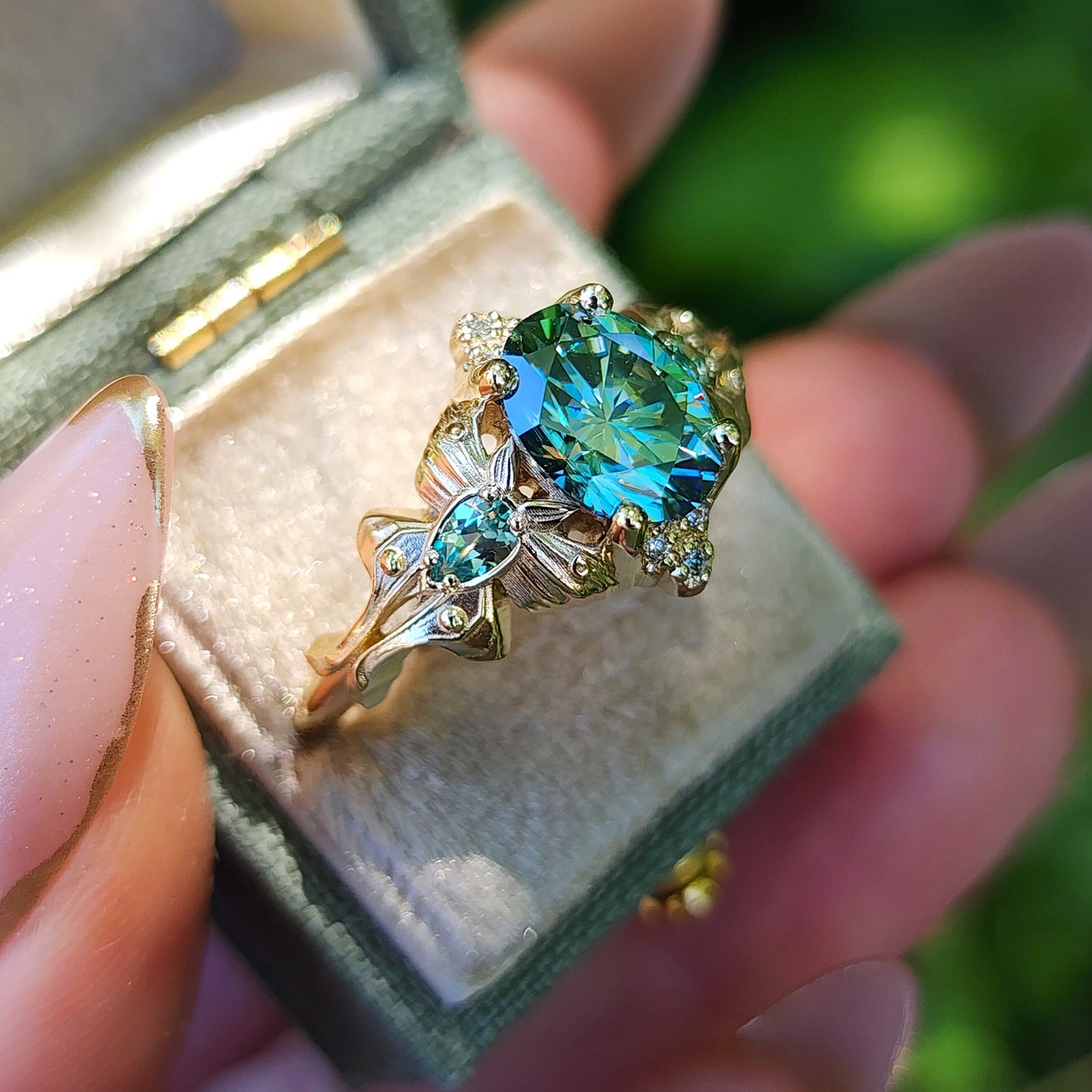 Green Luna Moth Engagement Ring with Teal Moissanite & Chatham Chrysoberyl image 4