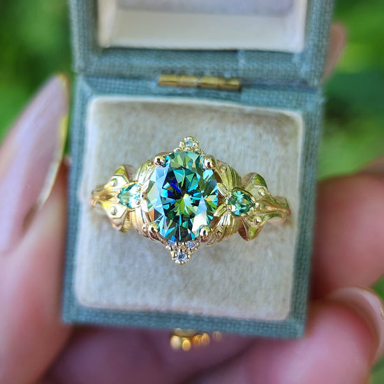 Green Luna Moth Engagement Ring with Teal Moissanite & Chatham Chrysoberyl image 5