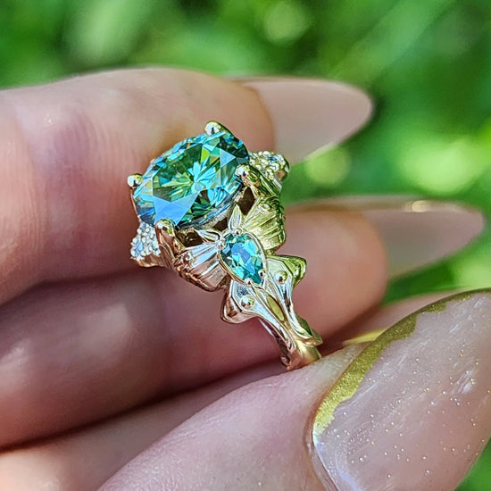 Green Luna Moth Engagement Ring with Teal Moissanite & Chatham Chrysoberyl image 6