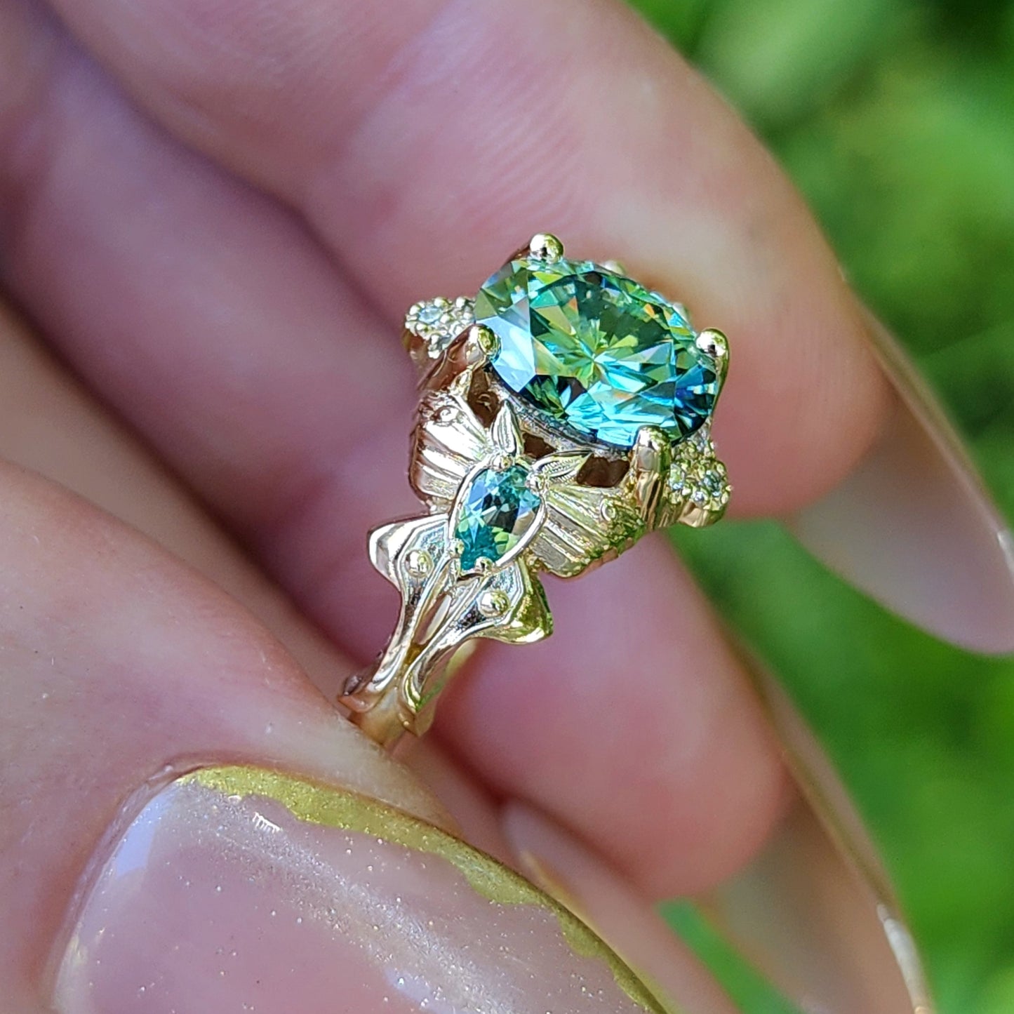 Green Luna Moth Engagement Ring with Teal Moissanite & Chatham Chrysoberyl image 7