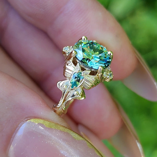 Green Luna Moth Engagement Ring with Teal Moissanite & Chatham Chrysoberyl image 7