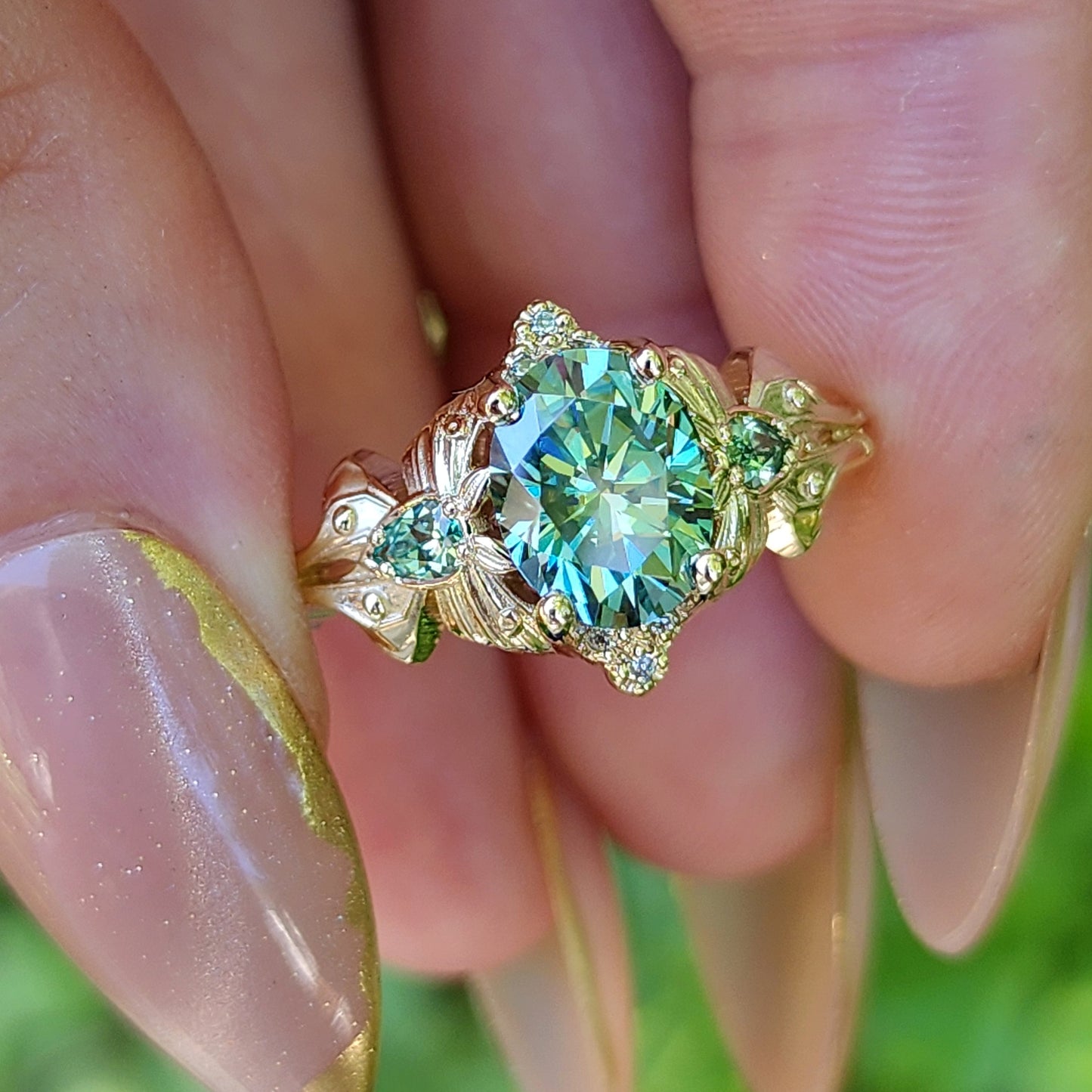 Green Luna Moth Engagement Ring with Teal Moissanite & Chatham Chrysoberyl image 8