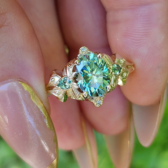 Green Luna Moth Engagement Ring with Teal Moissanite & Chatham Chrysoberyl image 8