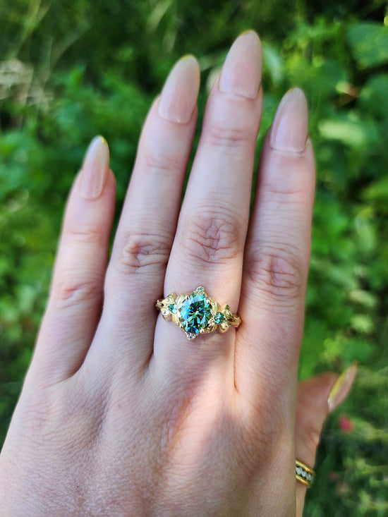 Green Luna Moth Engagement Ring with Teal Moissanite & Chatham Chrysoberyl image 10