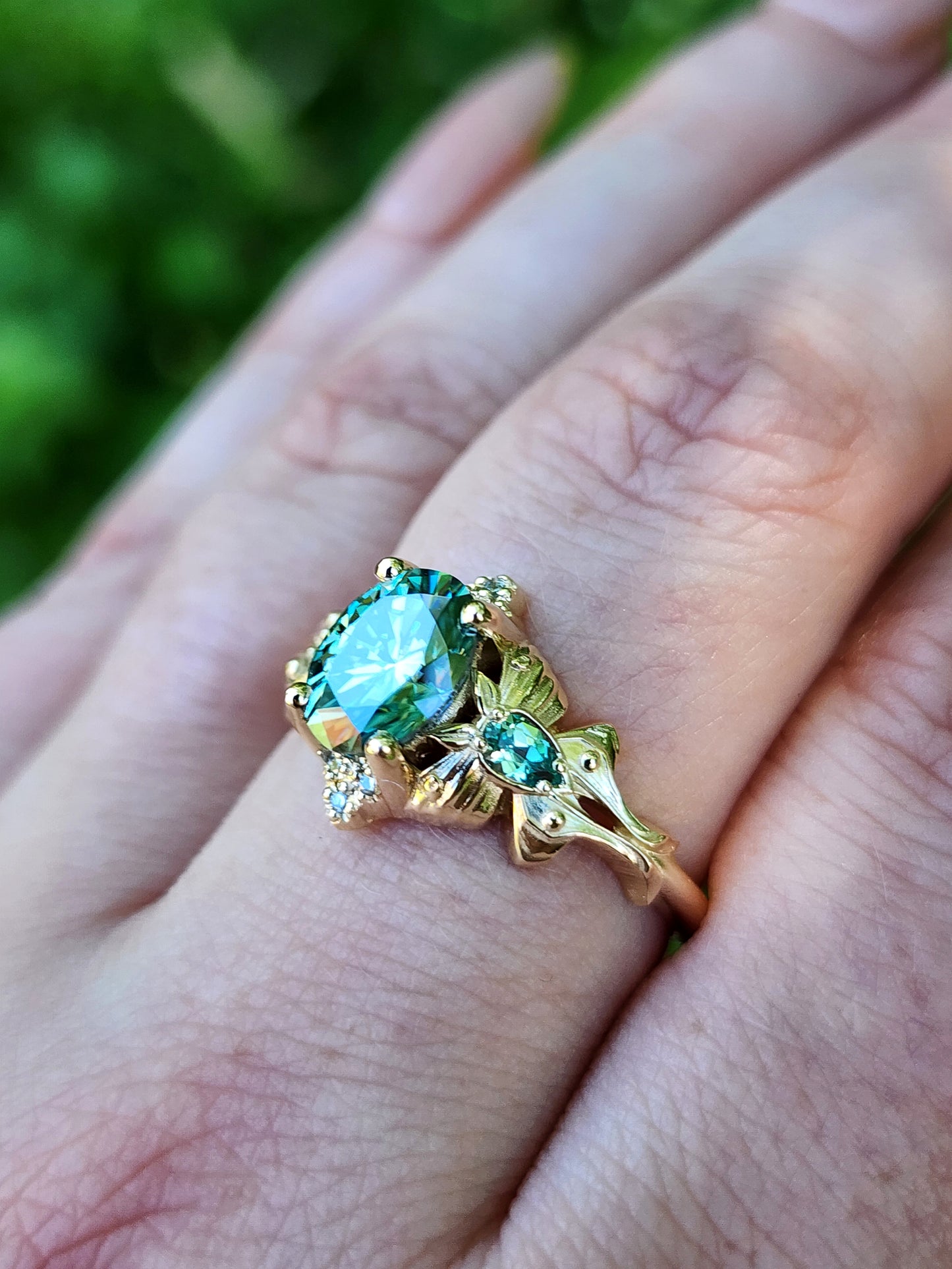 Green Luna Moth Engagement Ring with Teal Moissanite & Chatham Chrysoberyl image 11