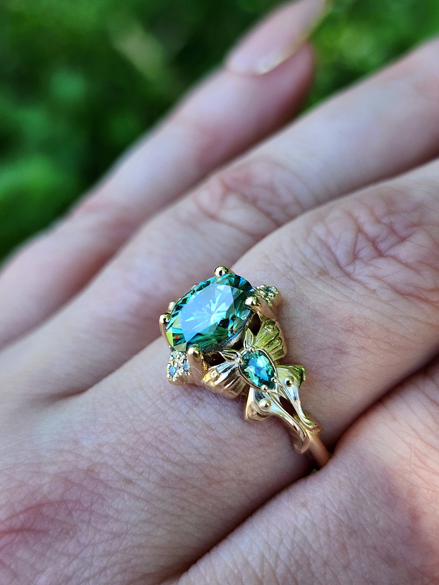 Green Luna Moth Engagement Ring with Teal Moissanite & Chatham Chrysoberyl image 12