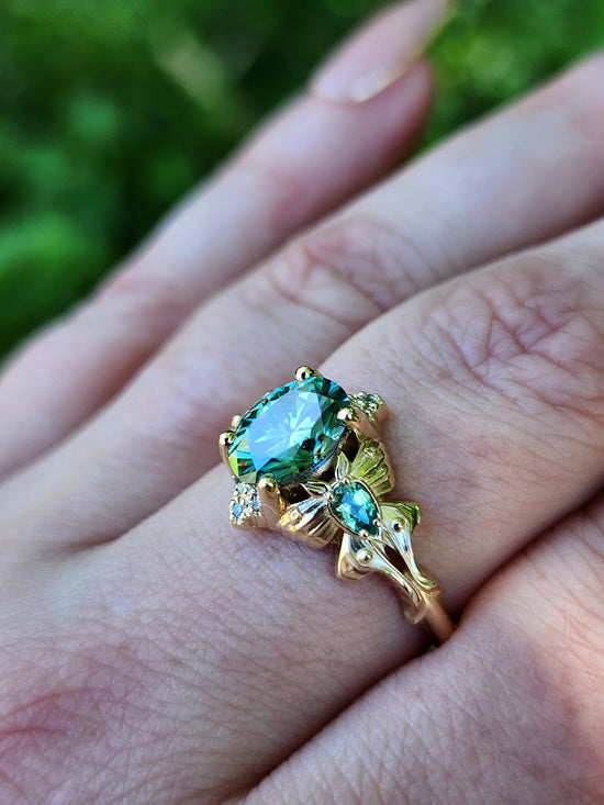 Green Luna Moth Engagement Ring with Teal Moissanite & Chatham Chrysoberyl image 12