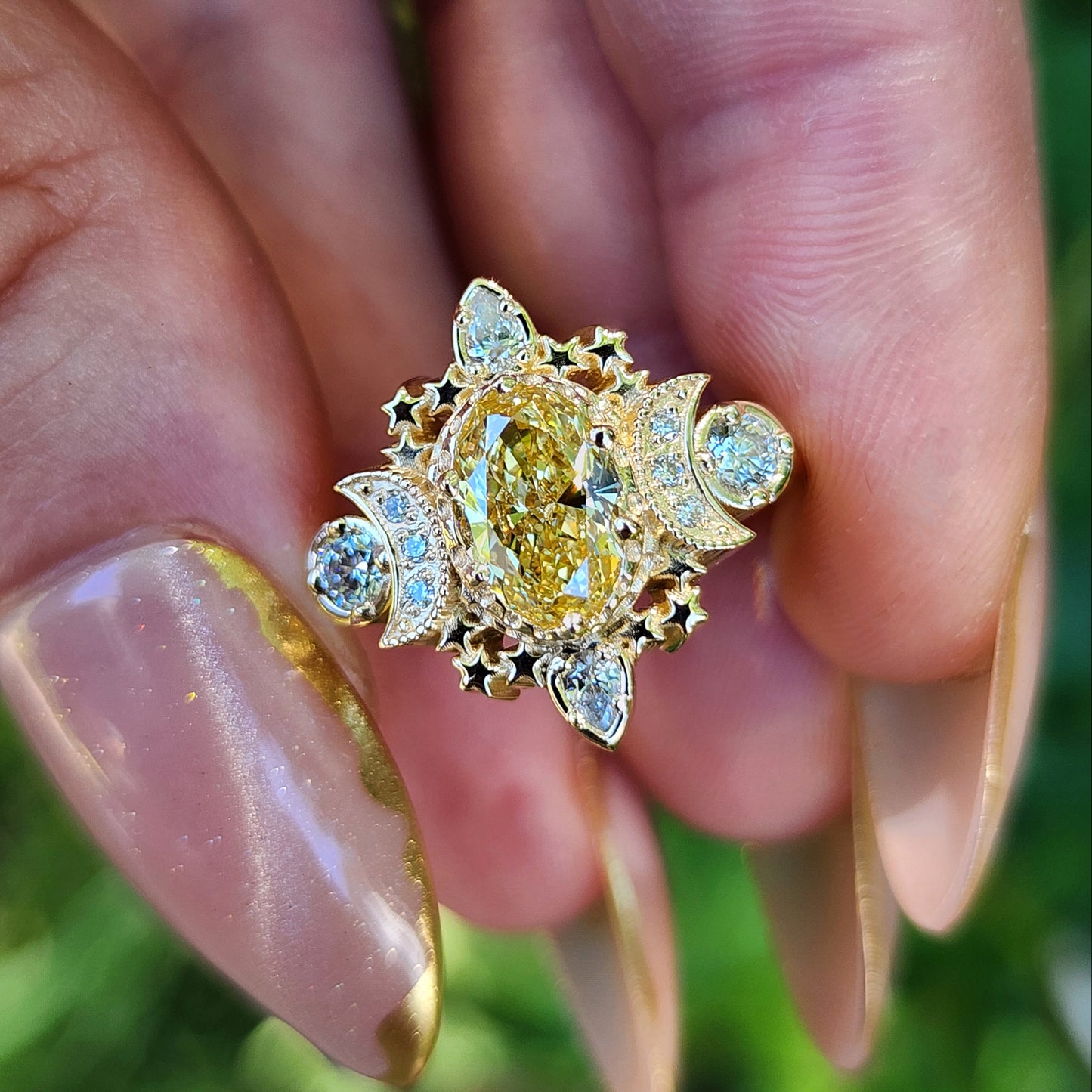 Sparkling Cosmos Moon Engagement Ring with Oval Yellow Lab Diamonds image 9