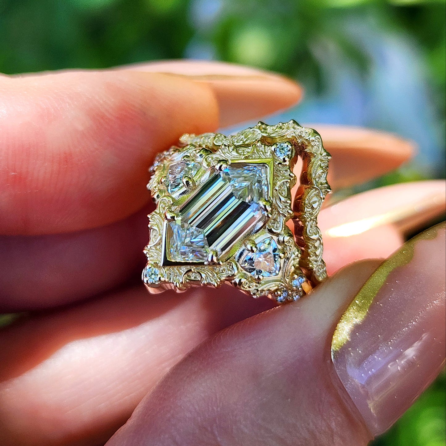 Duchess Lab Diamond Delilah Engagement Ring set with baroque scrolls trillion accents 14k yellow gold unique ring image 9