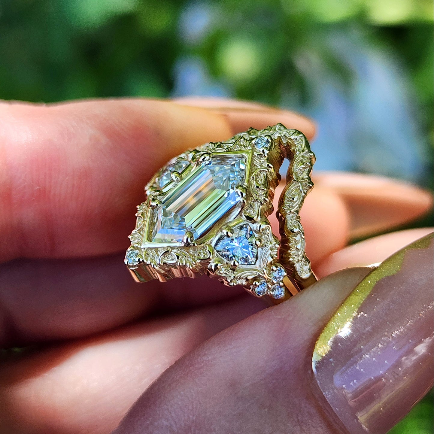 Duchess Lab Diamond Delilah Engagement Ring set with baroque scrolls trillion accents 14k yellow gold unique ring image 10