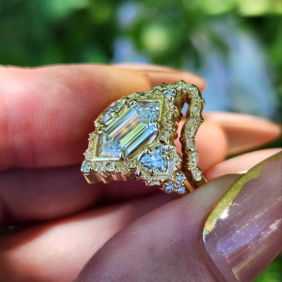 Duchess Lab Diamond Delilah Engagement Ring set with baroque scrolls trillion accents 14k yellow gold unique ring image 10