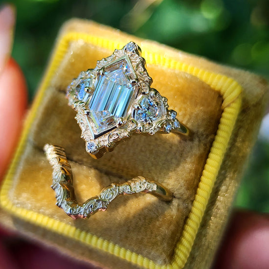 Duchess Lab Diamond Delilah Engagement Ring set with baroque scrolls trillion accents 14k yellow gold unique ring image 4