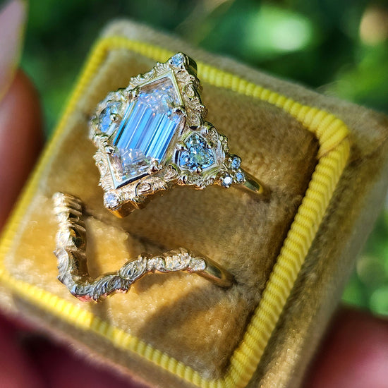 Duchess Lab Diamond Delilah Engagement Ring set with baroque scrolls trillion accents 14k yellow gold unique ring image 5