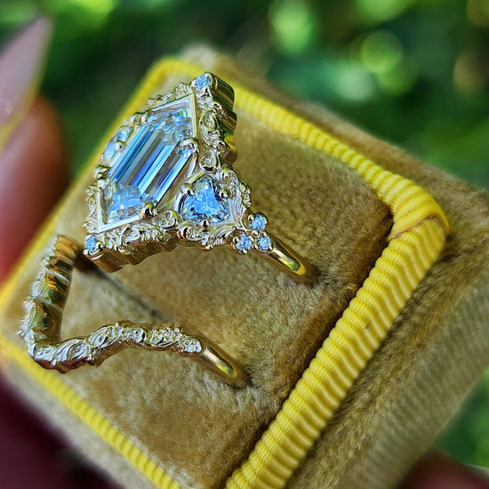 Duchess Lab Diamond Delilah Engagement Ring set with baroque scrolls trillion accents 14k yellow gold unique ring image 6