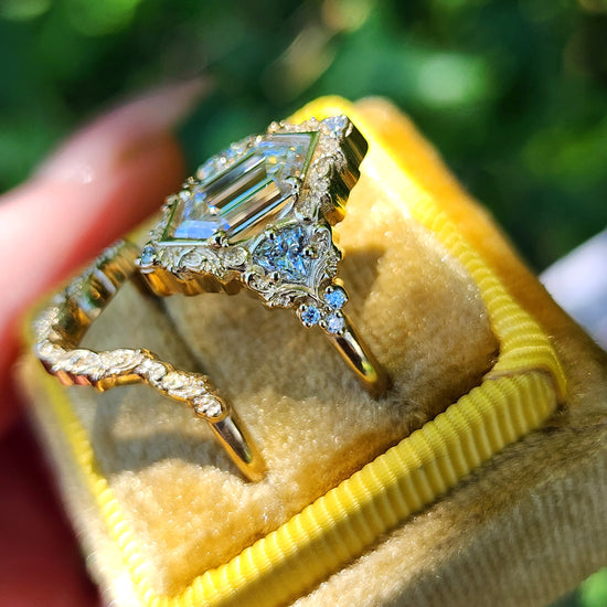 Duchess Lab Diamond Delilah Engagement Ring set with baroque scrolls trillion accents 14k yellow gold unique ring image 8