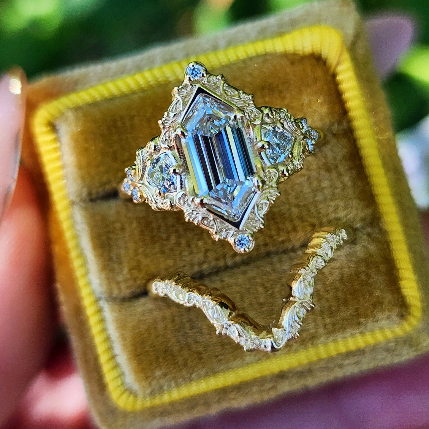 Duchess Lab Diamond Delilah Engagement Ring set with baroque scrolls trillion accents 14k yellow gold unique ring image 7