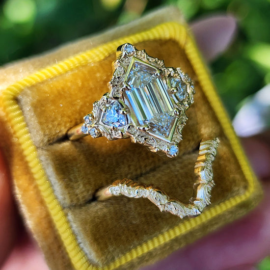 Duchess Lab Diamond Delilah Engagement Ring set with baroque scrolls trillion accents 14k yellow gold unique ring image 11