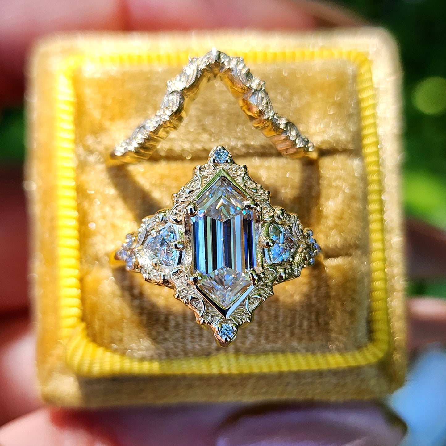 Duchess Lab Diamond Delilah Engagement Ring set with baroque scrolls trillion accents 14k yellow gold unique ring image 12