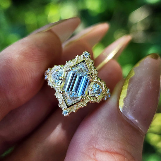 Duchess Lab Diamond Delilah Engagement Ring set with baroque scrolls trillion accents 14k yellow gold unique ring image 13