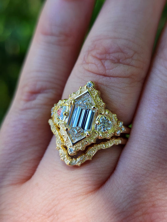 Duchess Lab Diamond Delilah Engagement Ring set with baroque scrolls trillion accents 14k yellow gold unique ring image 14