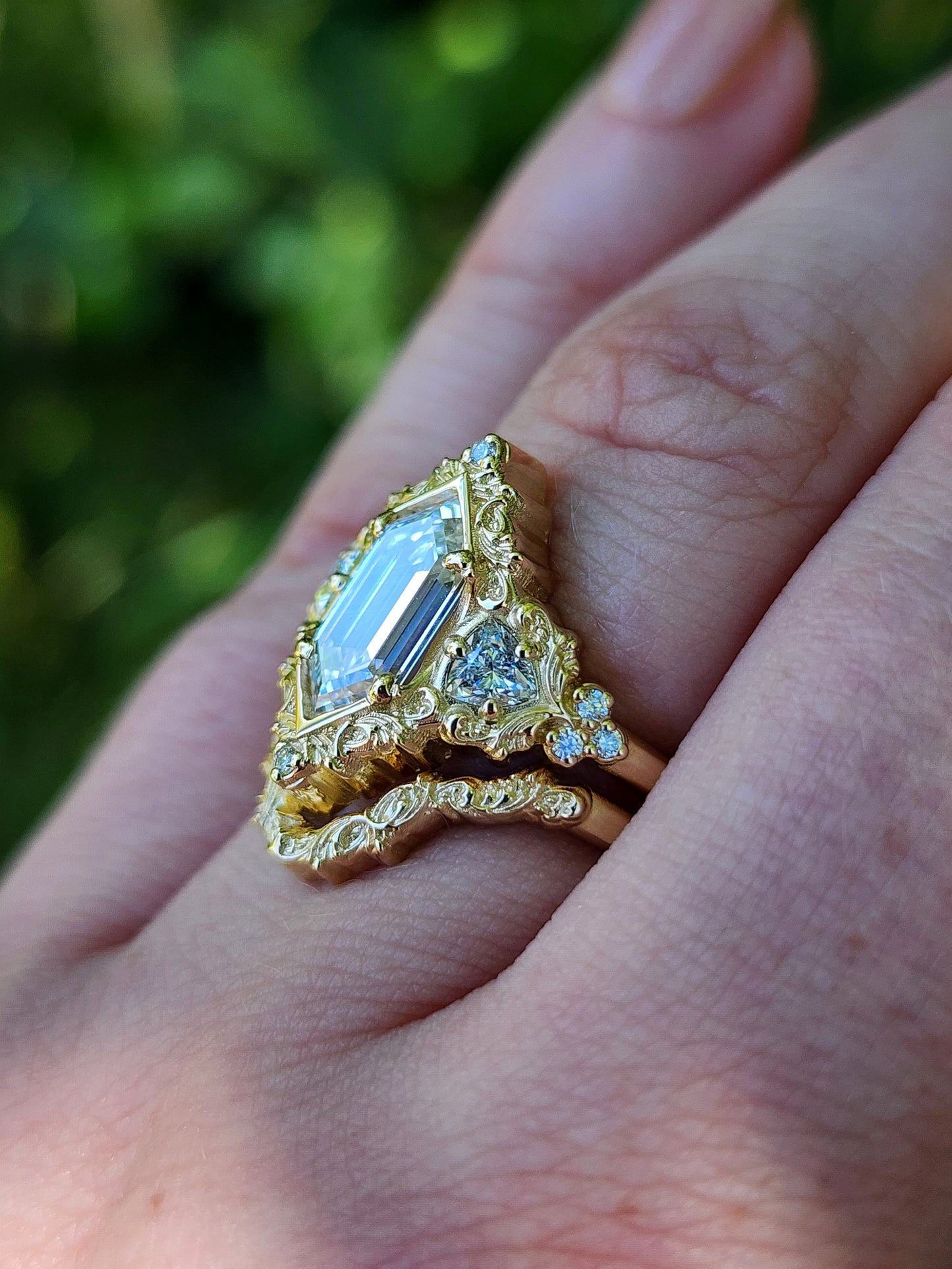 Duchess Lab Diamond Delilah Engagement Ring set with baroque scrolls trillion accents 14k yellow gold unique ring image 15