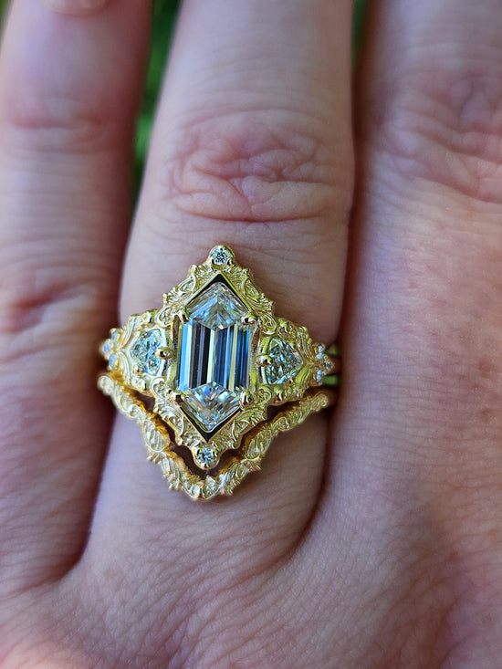 Duchess Lab Diamond Delilah Engagement Ring set with baroque scrolls trillion accents 14k yellow gold unique ring image 16