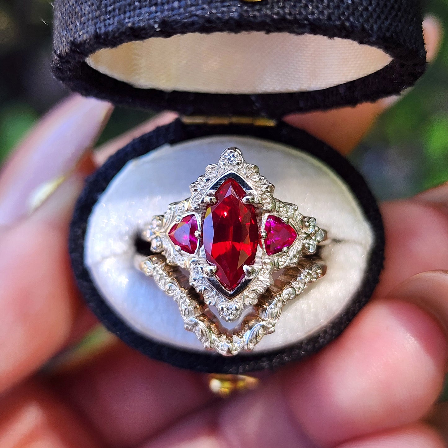 Ruby Marquise Delilah Filigree Scroll Engagement Ring Set image 1