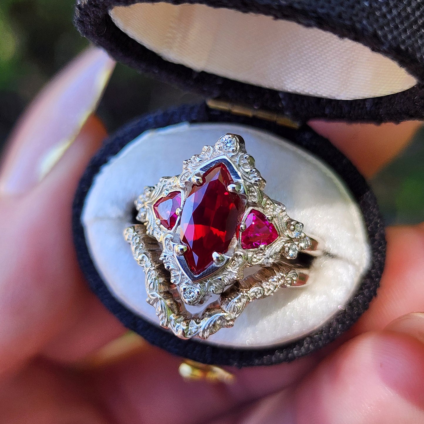 Ruby Marquise Delilah Filigree Scroll Engagement Ring Set image 3