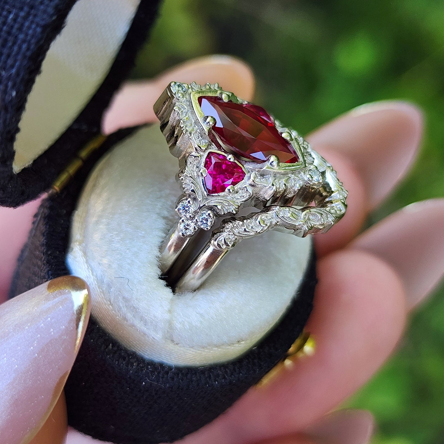 Ruby Marquise Delilah Filigree Scroll Engagement Ring Set image 6