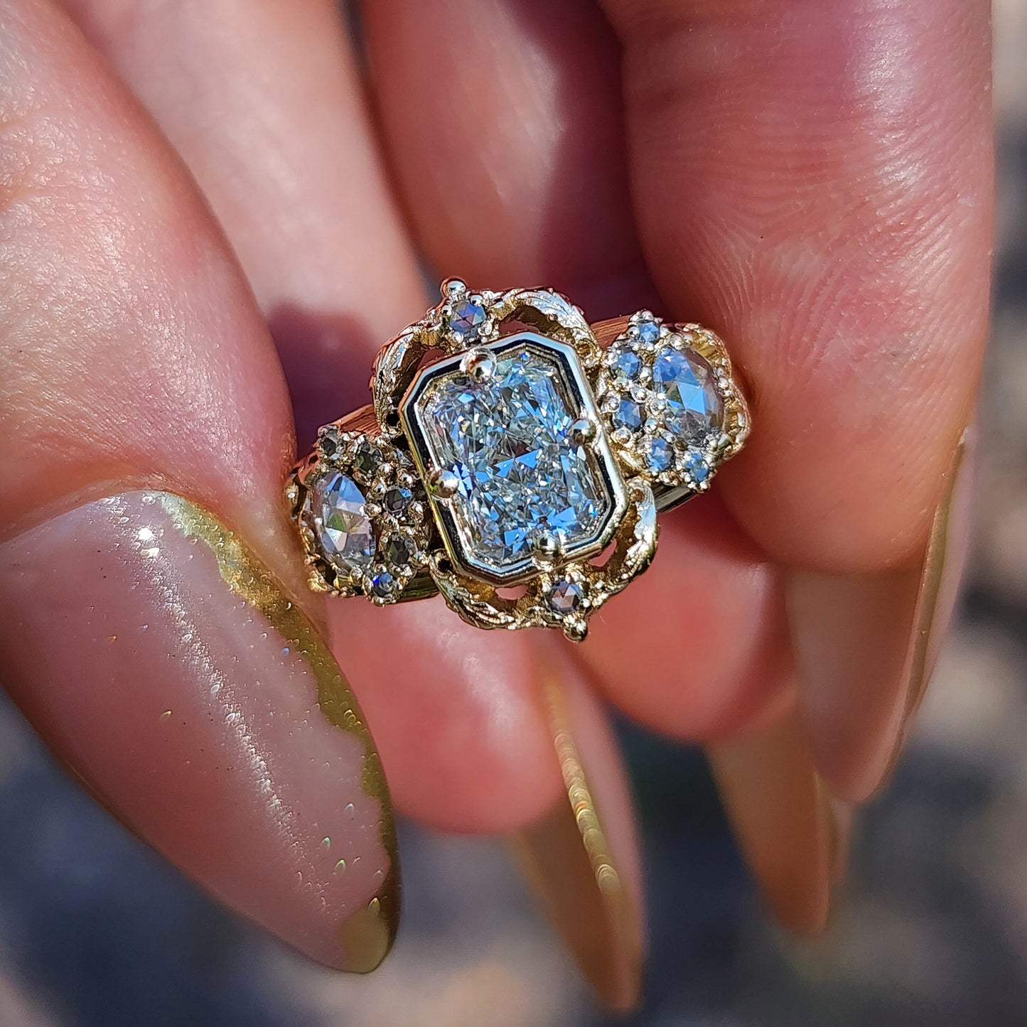 Radiant Diamond Goodnight Moon Ring with Rose Cut Diamonds and Fancy Gold Scrollwork image 4