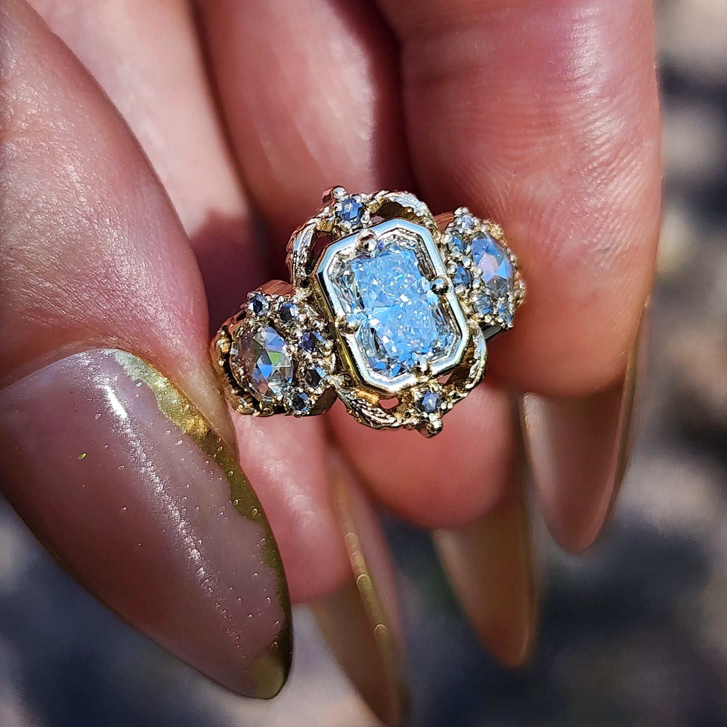 Radiant Diamond Goodnight Moon Ring with Rose Cut Diamonds and Fancy Gold Scrollwork image 5