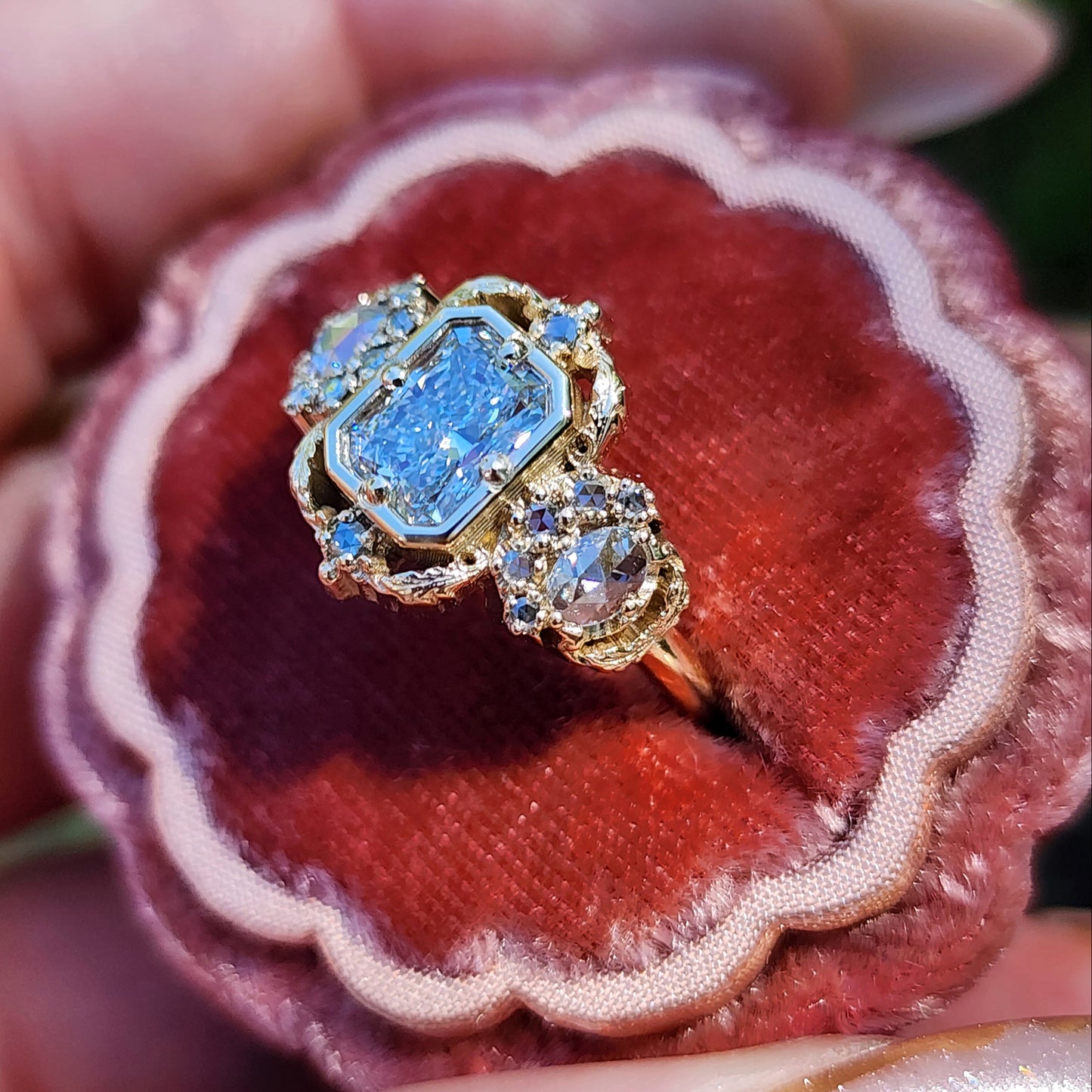 Radiant Diamond Goodnight Moon Ring with Rose Cut Diamonds and Fancy Gold Scrollwork image 6