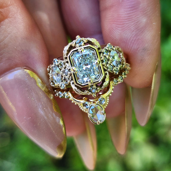 Radiant Diamond Goodnight Moon Ring with Rose Cut Diamonds and Fancy Gold Scrollwork image 7