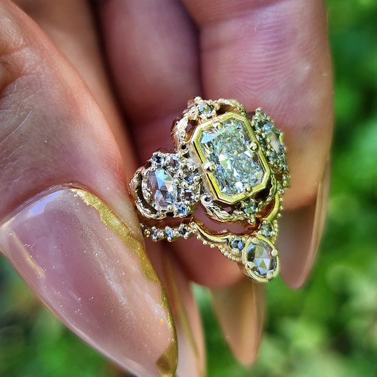 Radiant Diamond Goodnight Moon Ring with Rose Cut Diamonds and Fancy Gold Scrollwork image 9