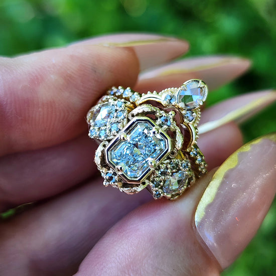 Radiant Diamond Goodnight Moon Ring with Rose Cut Diamonds and Fancy Gold Scrollwork image 8