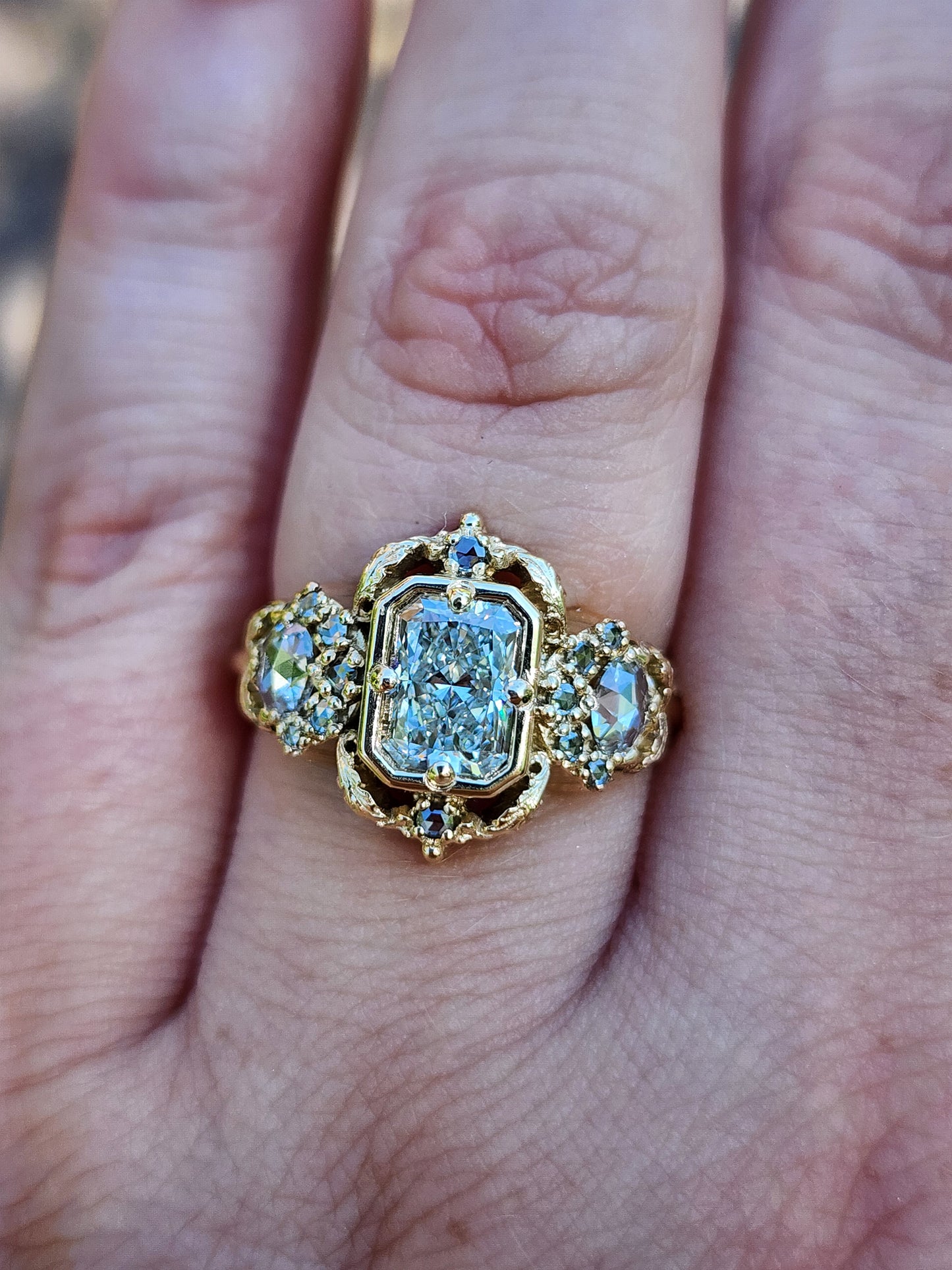 Radiant Diamond Goodnight Moon Ring with Rose Cut Diamonds and Fancy Gold Scrollwork image 12