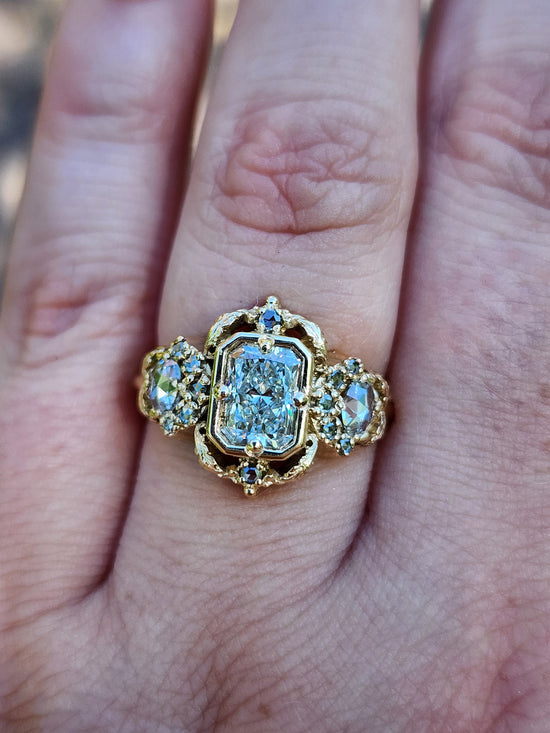 Radiant Diamond Goodnight Moon Ring with Rose Cut Diamonds and Fancy Gold Scrollwork image 12