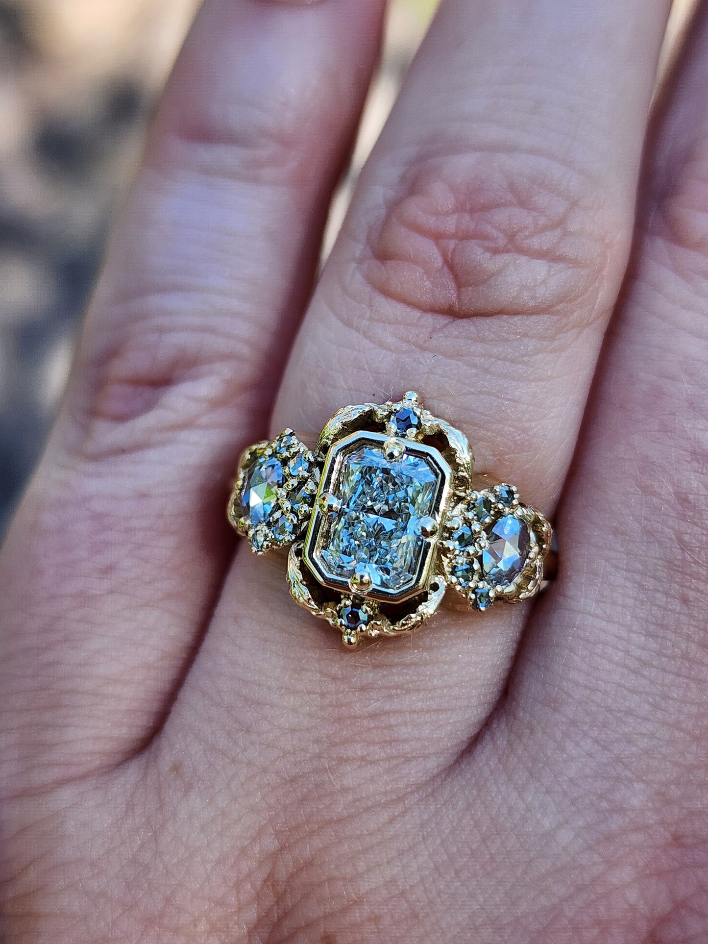 Radiant Diamond Goodnight Moon Ring with Rose Cut Diamonds and Fancy Gold Scrollwork image 13