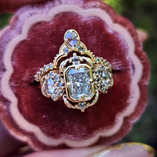 Radiant Diamond Goodnight Moon Ring with Rose Cut Diamonds and Fancy Gold Scrollwork image 3