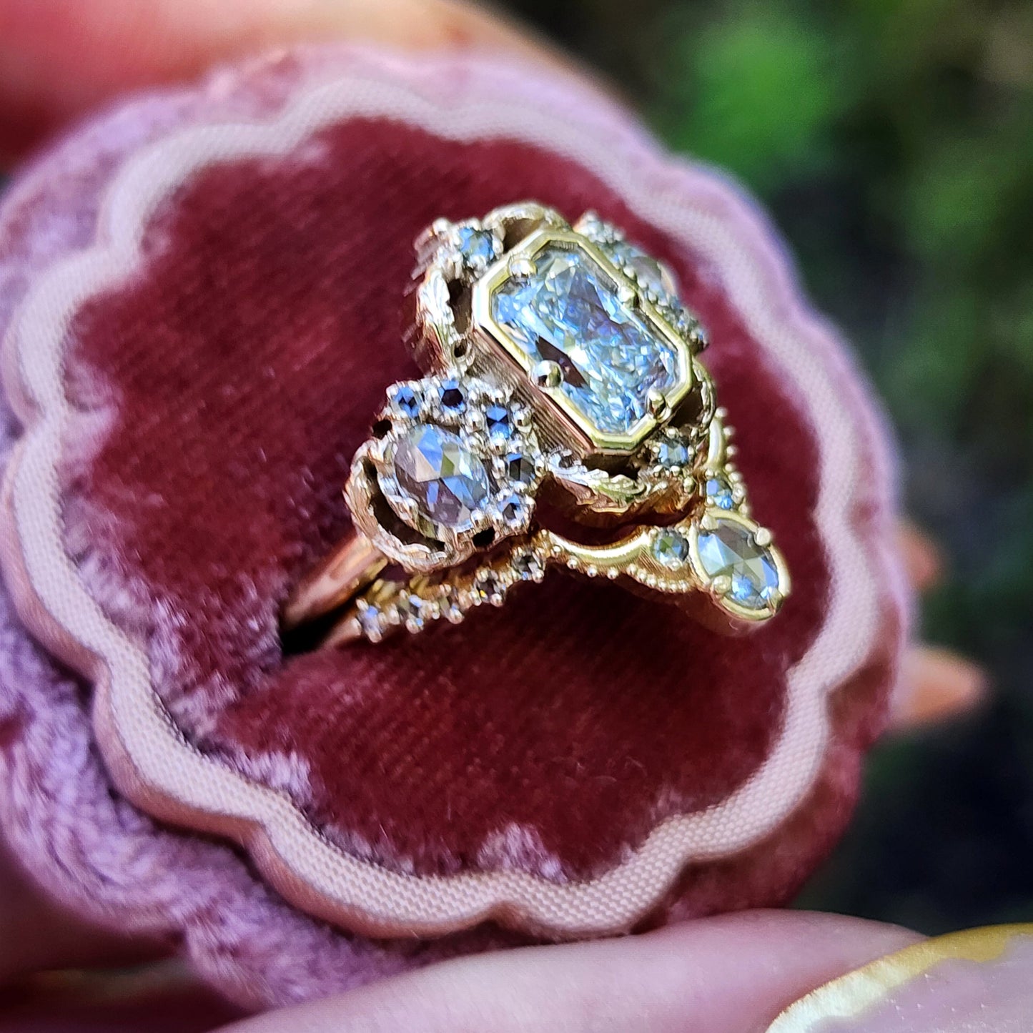 Radiant Diamond Goodnight Moon Ring with Rose Cut Diamonds and Fancy Gold Scrollwork image 10