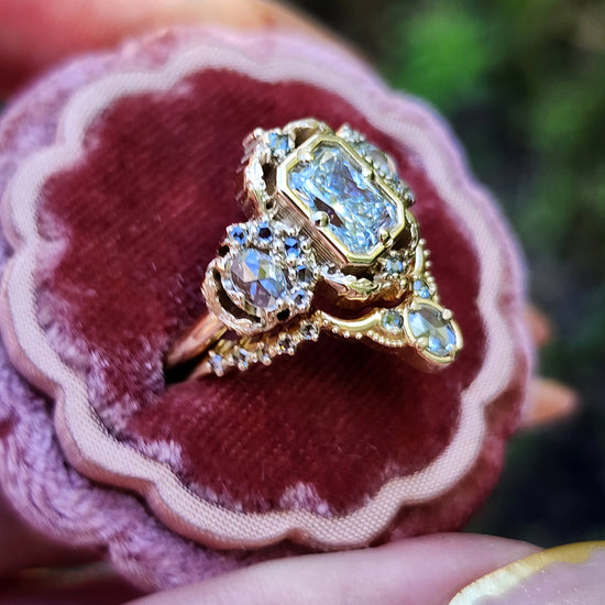 Radiant Diamond Goodnight Moon Ring with Rose Cut Diamonds and Fancy Gold Scrollwork image 10