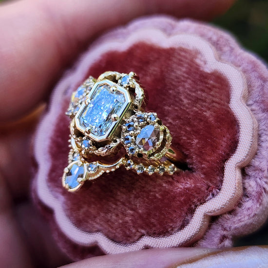 Radiant Diamond Goodnight Moon Ring with Rose Cut Diamonds and Fancy Gold Scrollwork image 11