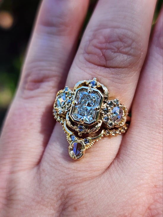Radiant Diamond Goodnight Moon Ring with Rose Cut Diamonds and Fancy Gold Scrollwork image 14